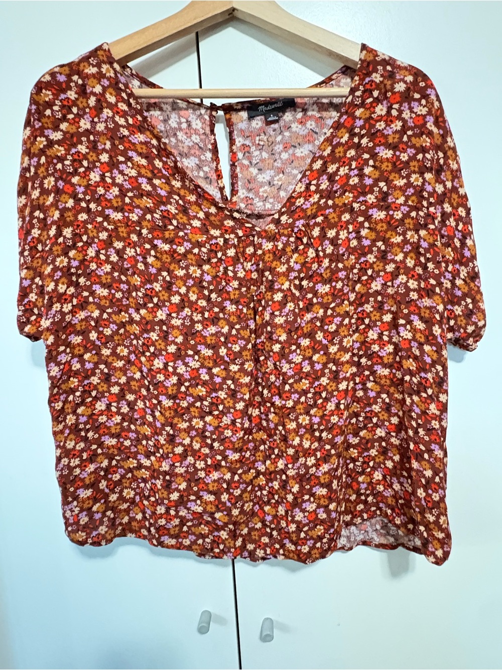 Madewell Rust Floral V-Neck Short Sleeve Blouse